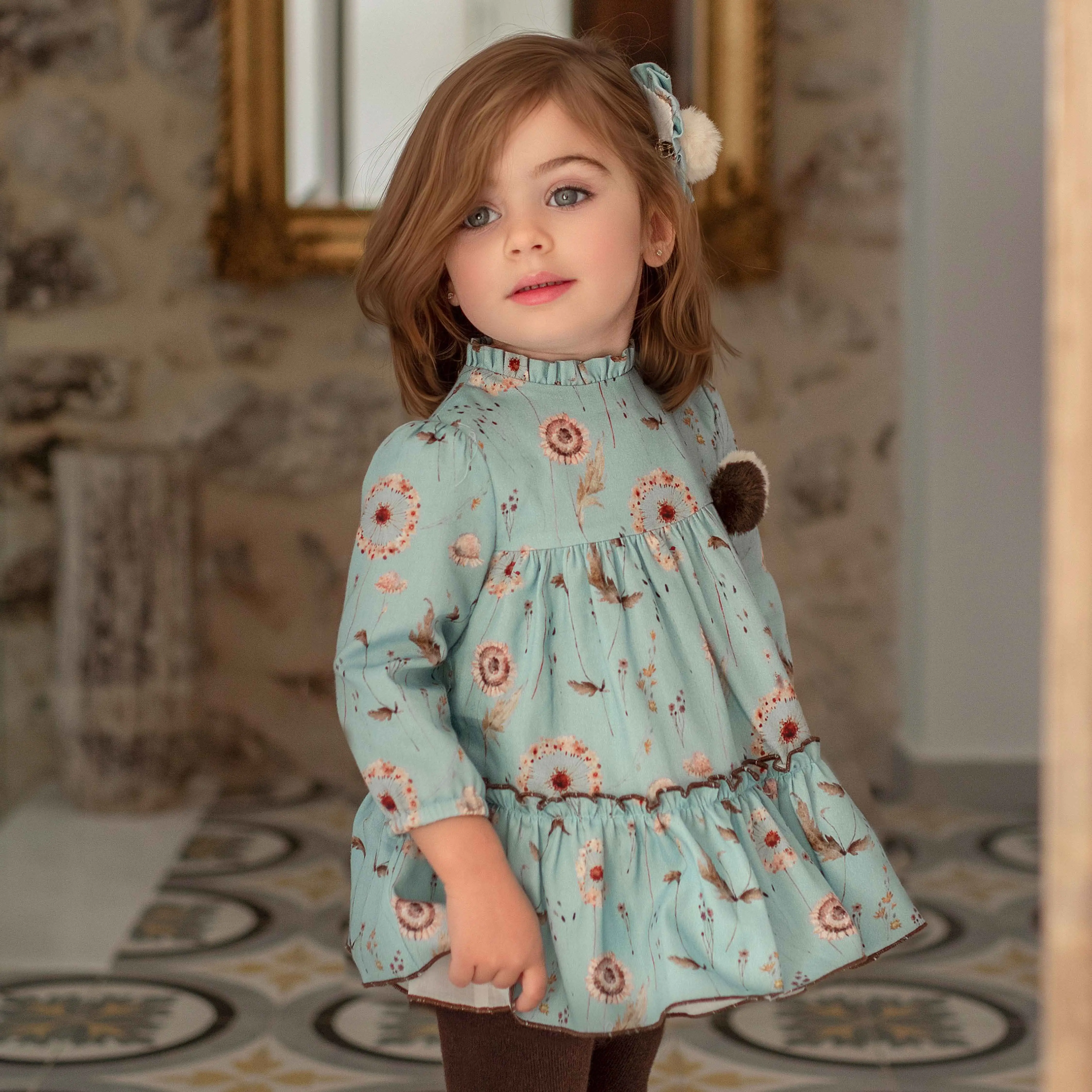 Baby Girls Blue Dandelion Print Cotton Dress